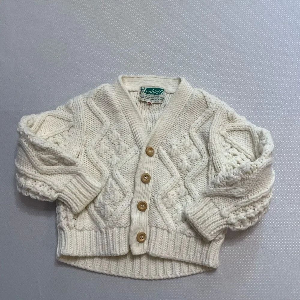 Robinit Cream Cableknit Kids VTG Fisherman Cardigan Sweater Size 12M